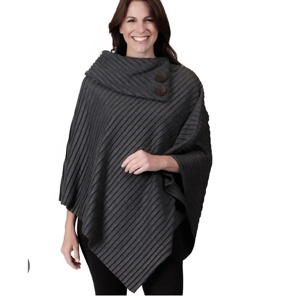 Le Moda Poncho Women OS Gray Ribbed Cowl Neck Button Detail Asymmetrical Wrap